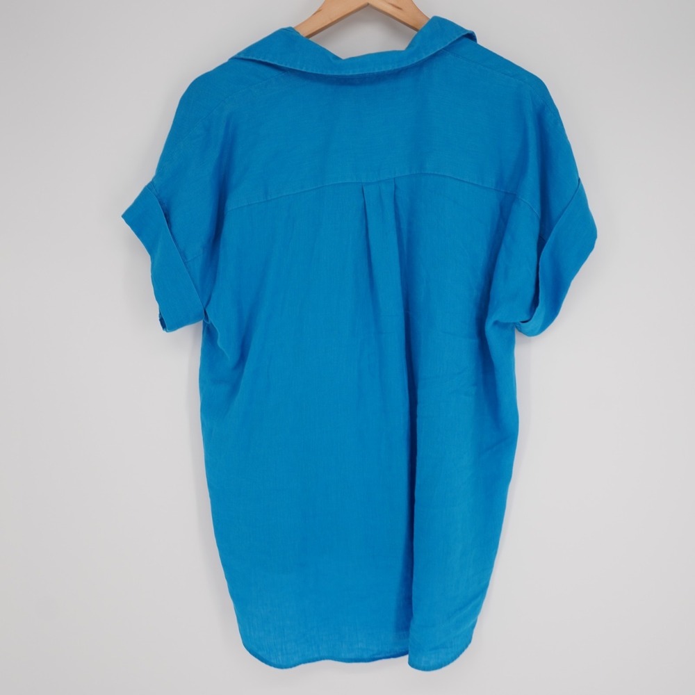 Lauren Ralph Lauren 100% Linen Button Up Shirt Women L Blue Short Sleeve Classic - Picture 3 of 12
